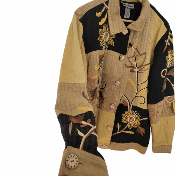 Vintage 90’s Jacket Lagenlook Black Tan Color Block Embroidered Patchwor… - Picture 5 of 16